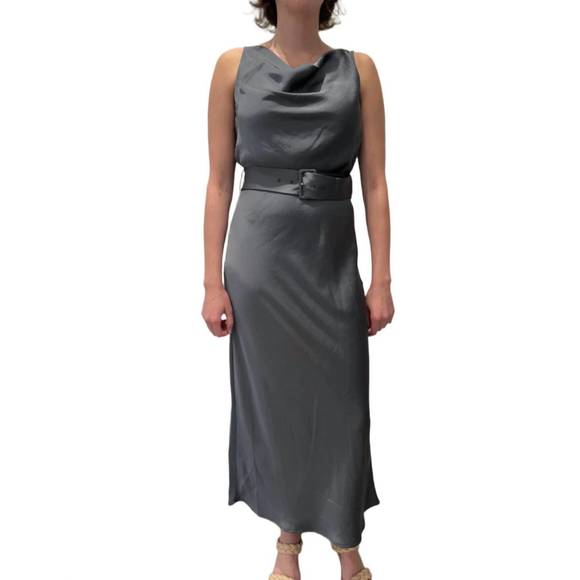NEW LAPOINTE lightweight satin belted dress in gray blue - Picture 1 of 3